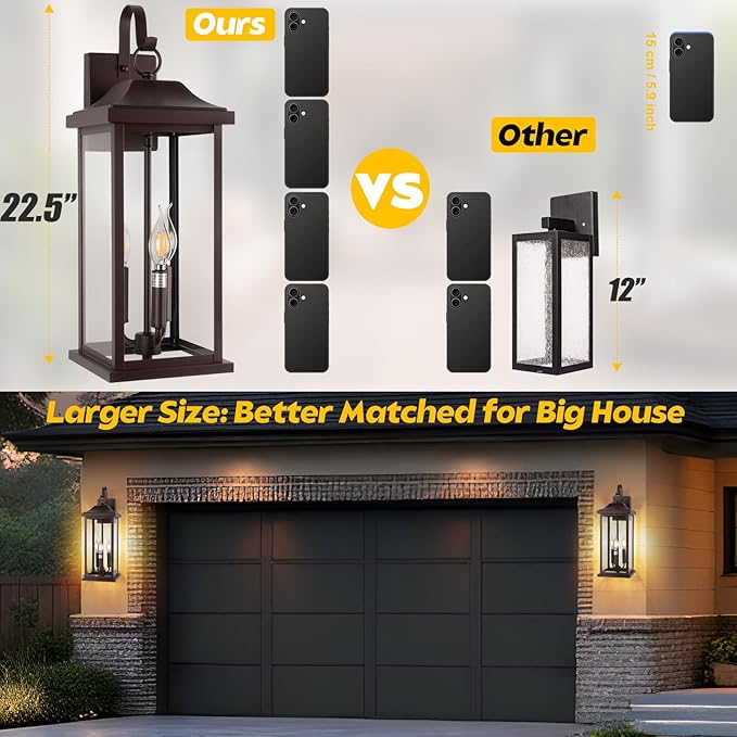 3-Light Extra Large 23” Outdoor Light for House Oil Rubbed Bronze, IP65 Waterproof Brown Exterior Light Fixture with Clear Tempered Glass Outside Wall Mounted Lamp Front Porch Light, E12
