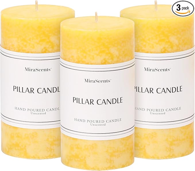 3x6 inch Yellow Pillar Candles Set of 3, Unscented Pillar Candle, Dripless and Smokeless Large Candles, Candle for Home Decor, Dinner Table,Weddings, Holidays