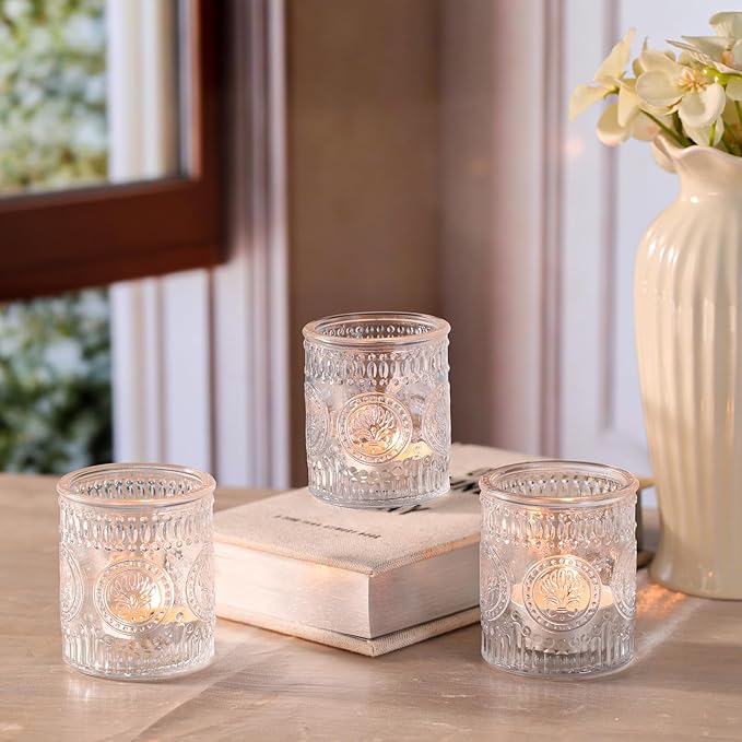 12 Pcs Clear Votive Candle Holders, Glass Tealight Candle Holders Embossed Candle Holder for Wedding Table Centerpiece, Home Decor, Birdal Shower, Party