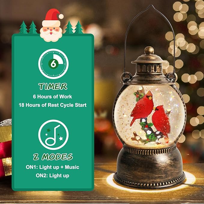 Christmas Cardinal Snow Globe 10.4In High, Cardinal Musical Snow Lantern Globe Lights with 6 Hour Timer and Batteries Powered,Retro Style Holiday Glitter Globe for Xmas Home Decoration and Santa Gifts