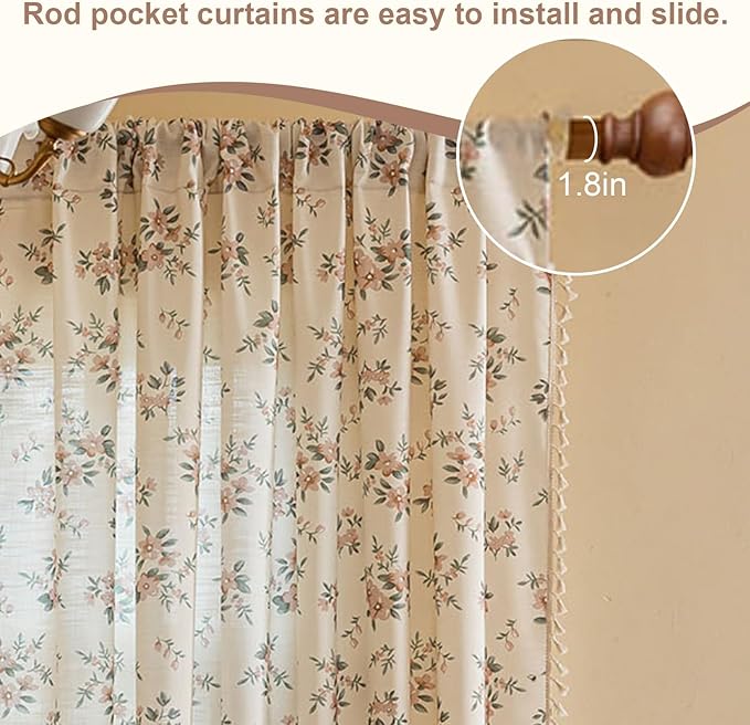 OYX Pink Boho Floral Window Curtains 63 Inch Long 2 Panels, French Vintage Farmhouse Vintage Country Rustic Tassels Printed Drapes for Living Room Bedroom, Rod Pocket Light Filtering Decor Aesthetic