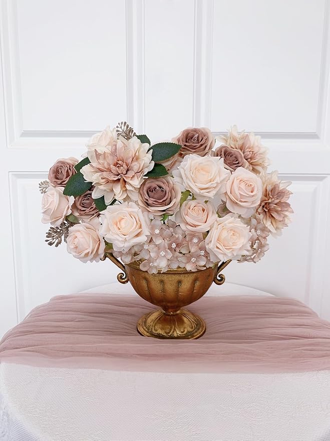 Roses Artificial Flowers Bouquets Box Set for DIY Bridal Wedding Shower Decorations Centerpieces for Table Fake Floral Arrangement for Party Home Decor Indoor Taupe Beige