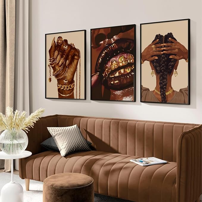 Pouydmi Black Girl Wall Art African Woman Canvas Wall Decor Black Women People Art Painting Gold Fashion Poster African American Girl Pictures for Bedroom Living Room 12x16x3 Inch Unframed
