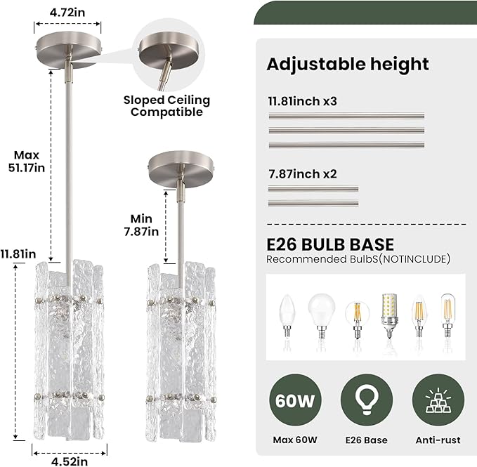 Brushed nickel Crystal Pendant Light for Kitchen Island, Luxury Mini Water Ripple Glass Chandelier Fixture, Modern Round Adjustable Hanging Pendant Lighting for Dining Room Bathroom Hallway (3-Pack)