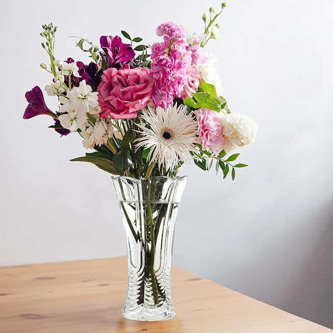 CS Crystal Vase 12-inch high, Water Ripple Design, for Flowers & Decor. Lovely Nice Shiny Piece. Perfect as a Gift, Suitable for All Occasions.