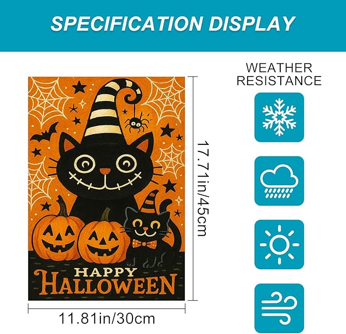 Halloween Garden Flag Black Cat Pumpkin Double Sided 12x18 Inch Trick Or Treat Fall Outdoor Flag Spooky Ghost Spider Web Sign for Lawn Yard Porch Party Seasonal Holiday Halloween Decoration