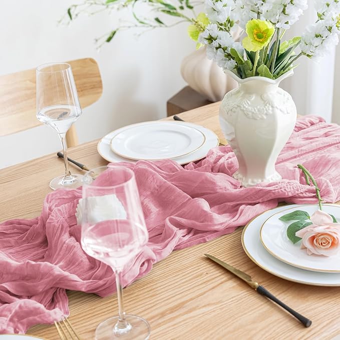 Asee'm 3pcs Cheesecloth Table Runner 120 Inches Long Pink Boho Gauze Cheese Cloth Runner 10FT Rustic Sheer Table Runners for Christmas Wedding Party Baby Shower Spring Easter Decoration