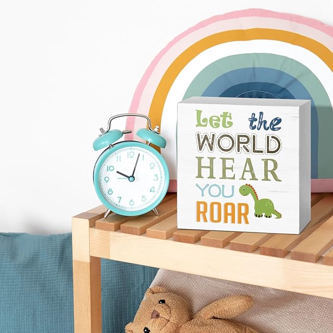 JXREQ Kids Room Decor, Funny Dinosaur Inspirational Quote Wood Box Sign, Rustic Dinosaur Desk Decor for Boys Girls Kids Bedroom Nursery Playroom Decor, 5x5 Inch