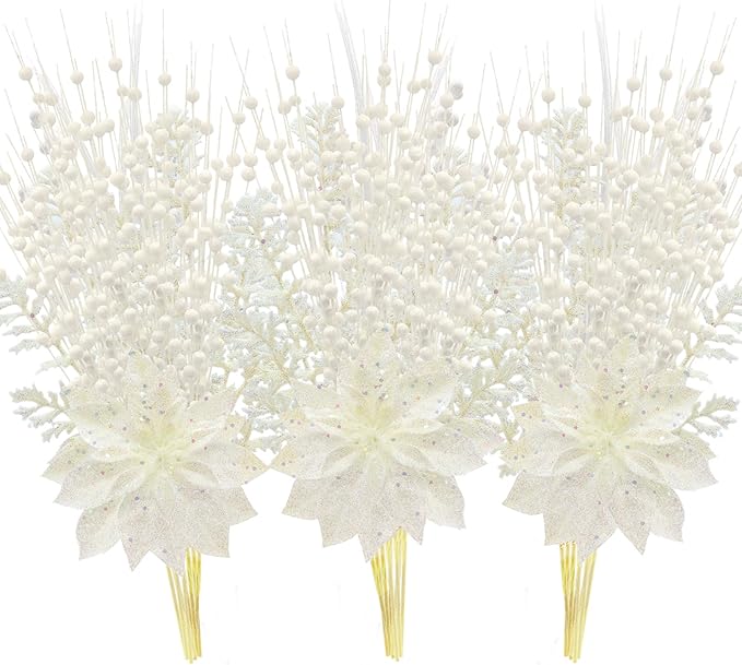 18 Pack Christmas Tree Ornaments Set, 17.5 Inch White Fake Christmas Picks Decorations with 2 Styles, Artificial Glitter Berry Stem Ornaments for Christmas Tree Wedding Small Vase Wreath Decor