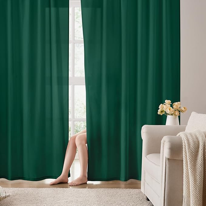 HOMEIDEAS Non-See-Through Dark Green Privacy Semi Sheer Curtains 96 Inches Long 2 Panels Set Light Filtering Curtains for Living Room Bedroom Drapes,W52xL96