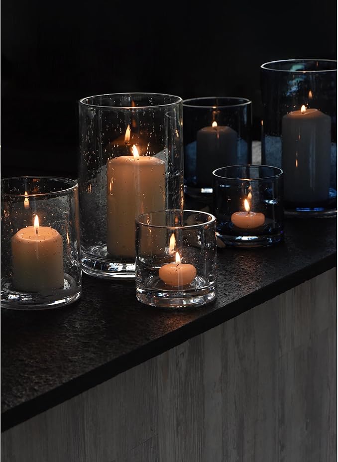 ARIAMOTION Hurricane Glass Candle Holders Set, Pillar Votive,Clear Seeded Bubbles Cylinder Vase,Modern Rustic Table Centerpieces Bulk, 3 Sizes 8 Inch 5 Inch 3.5 Inch Height