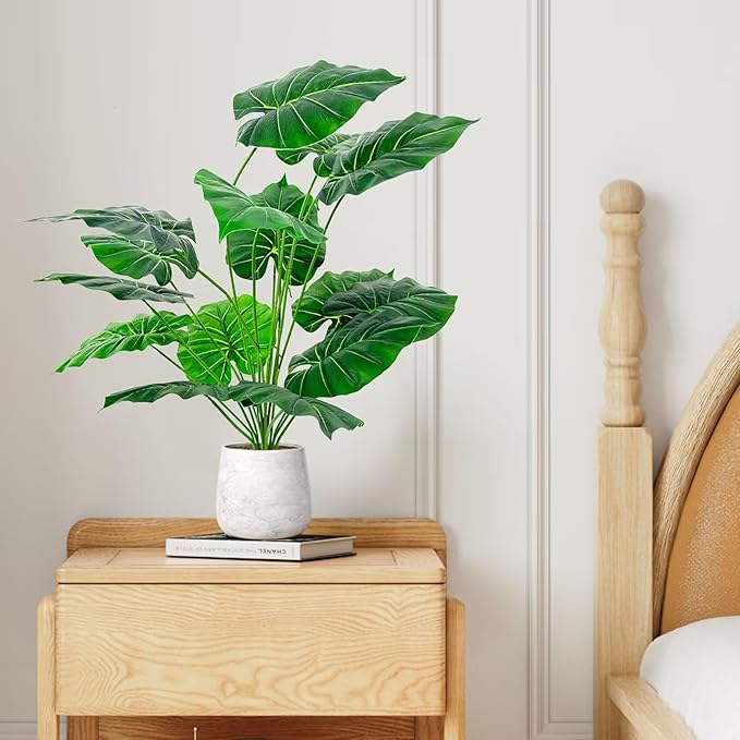 Artificial Faux Alocasia Tree Leave Plants - 4PCS 28'' Tall Fake Alocasia Leaf Plant Indoor Outdoor, Large Faux Floor Plant for Living Room Bathroom Bedroom Plants Decor, Farmhouse Home House Decor