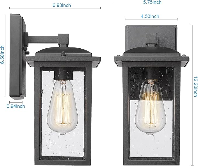Outdoor Wall Sconce 1 Pack, Exterior Light Lantern Fixture, Porch Lights Lamp Outdoor Wall Mounted in Black Finish with Seeded Glass for House, Garage, Patio, Yard, Garden