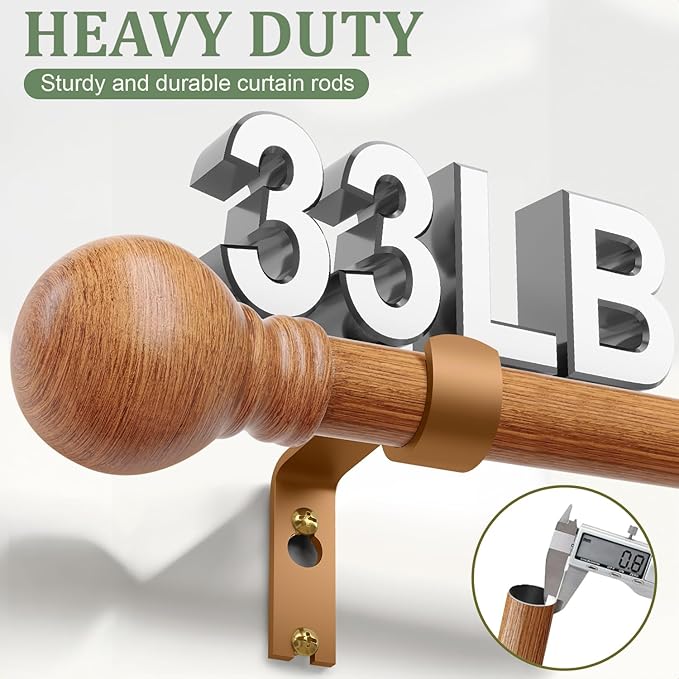 Boho Wood Curtain Rods for Windows 28 to 48 inch 1" Diameter Adjustable Heavy Duty Window Curtain Rod with Decorative Wooden Grain Finials Drapery Rods for Living Room Bedroom Kitchen Cafe Farmhouse