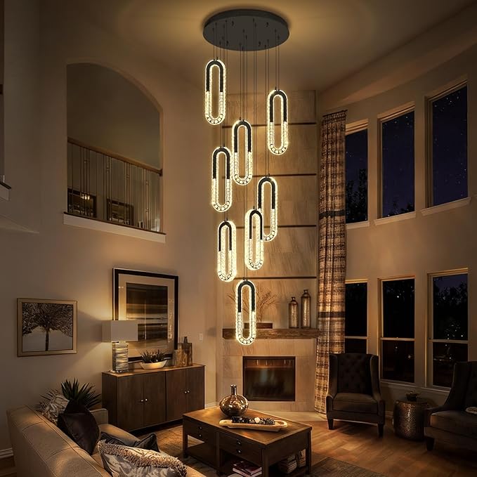 8 Rings Crystal Chandelier,H 118" Modern Black Pendant Light Luxury Foyer Lighting Fixture High Ceiling Chandelier for Entryway,Staircase,Living Room,Villa LED Dimmable 2700K-6000K