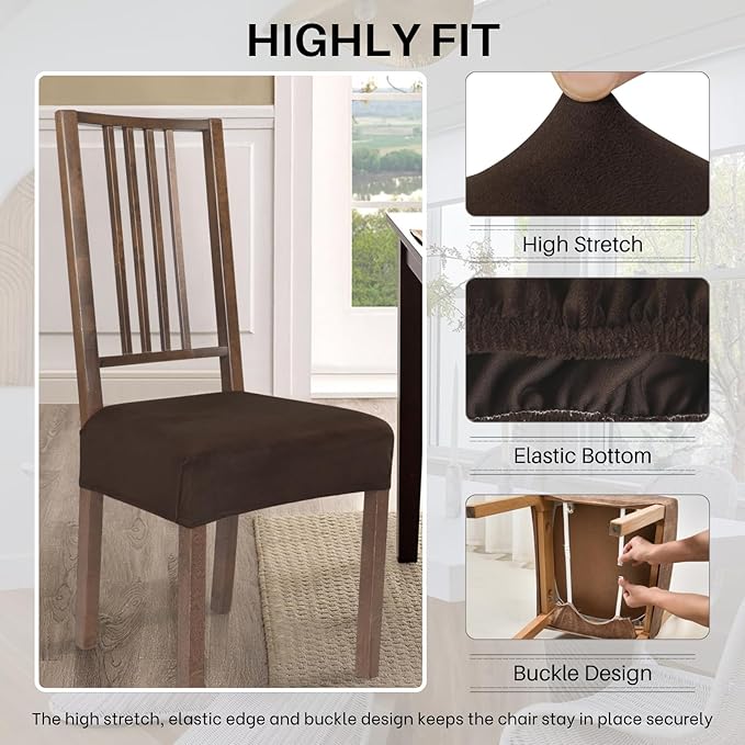 SearchI Stretch Dining Chair Seat Covers Set of 6, Soft Removable Washable Seat Covers for Dining Chairs, Dining Room Seat Cover Protector (Rear-Covered, Velvet Brown)