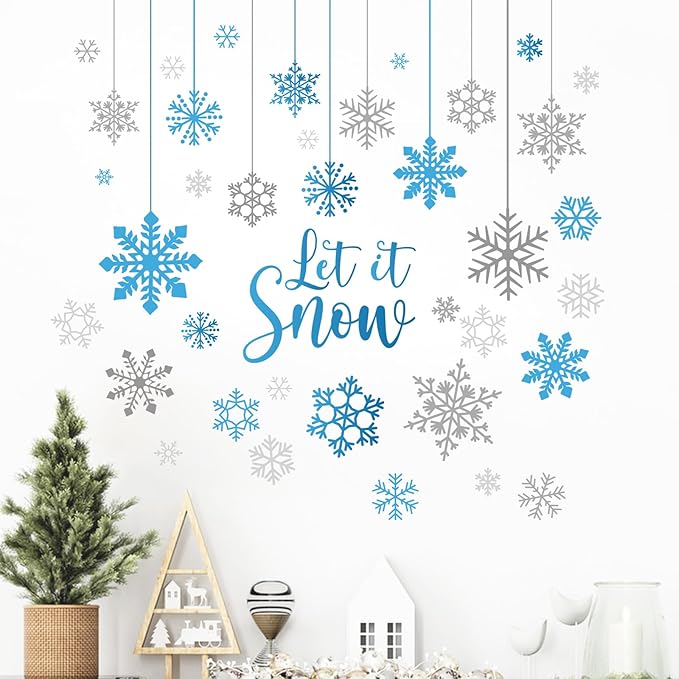 Mfault Winter Blue Grey Snowflakes Wall Decals Stickers, Let It Snow Decorations Bedroom Art, Christmas Seasonal Home Living Room Kitchen Decor