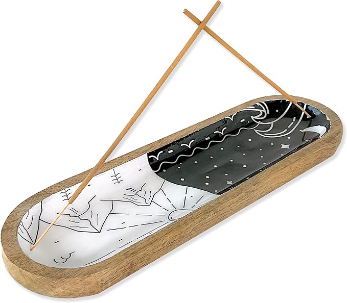 The Art Box Hand-Painted Incense Burner Holder White Black - 12x4x1 inch Wooden Long Incense Stick Tray Holder for Modern Gift, Ash Catcher Incense Stick Holder - Meditation & Yoga