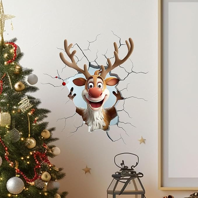 Christmas Creative Wall Sticker, 6 Pack 3D Santa Claus Christmas Wall Stickers, Funny Broken Wall Design Holiday Decals, Removable Peel & Stick Reusable for Door, Window & Refrigerator Decor (C, 3Pcs)
