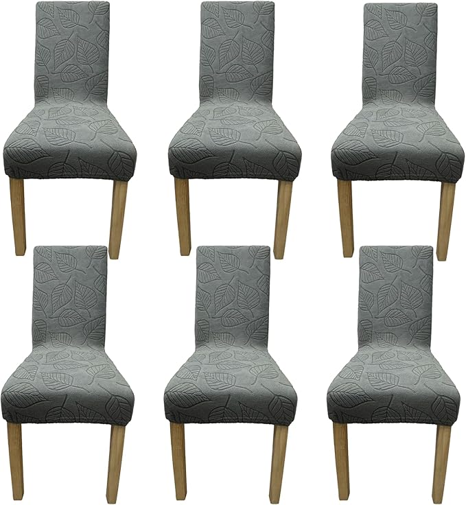 Dining Chair Covers,Dining Room Chair Covers Set of 6,Printed Chair Slipcover, Soft Removable Washable,Pet Friendly Furniture Protector Seat Cover,Universal Fit for Hotel,Banquet（Dark Gray Leaf）