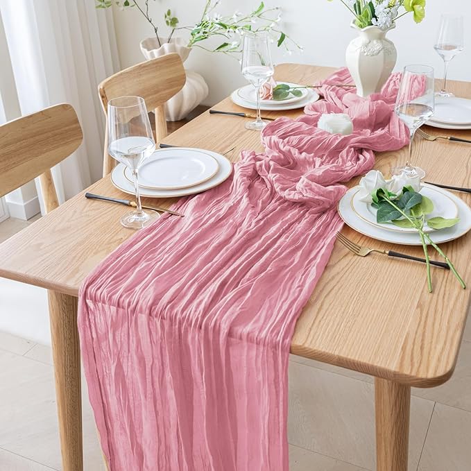 2PCS Table Runner Cheesecloth 10FT Pink Boho Gauze Cheese Cloth Rustic Sheer Table Runners for Wedding Birthday Bridal Baby Shower Party Decoration
