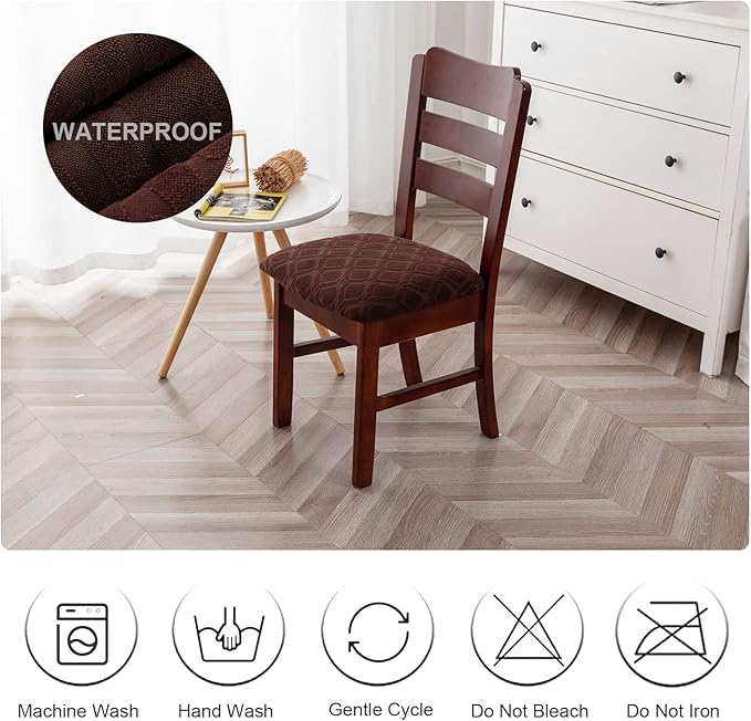 Genina Waterproof Seat Covers for Dining Room Chairs, Stretch Chair Covers Removable Washable Dinning Room Kitchen Chair Seat Cushion Slipcovers (Jacquard-Chocolate, 2 PCS)