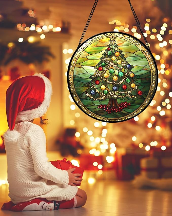 Stained Glass Window Hanging - Green Christmas Tree Gold Ribbon Suncatcher for Doors Home Christmas Decoration Sun Catcher Thanksgiving New Year Birthday Gifts for Women Men Mom Nana 7.8 in