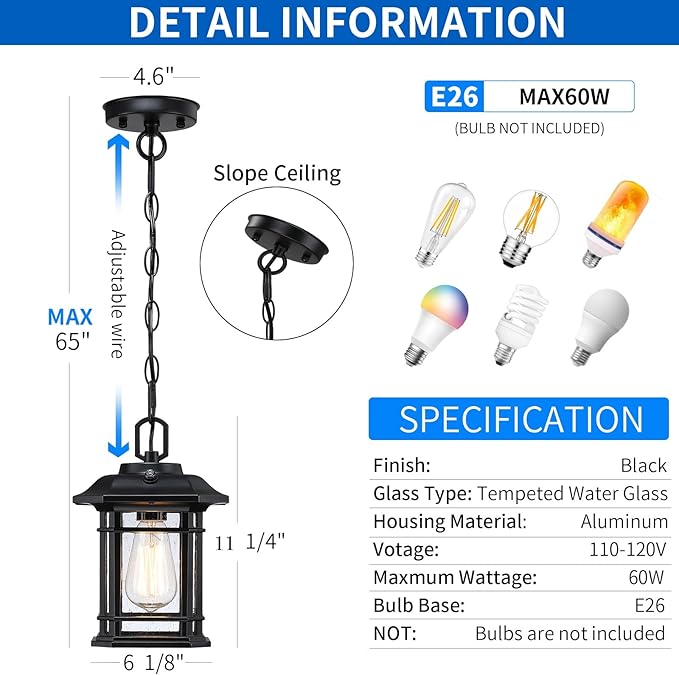 10.25'' Porch Pendant Lights - Dusk to Dawn Black Exterior Hanging Lanterns, Farmhouse Outdoor Ceiling Light Fixture, Waterproof Tempered Seed Glass Chandelier 1Pack