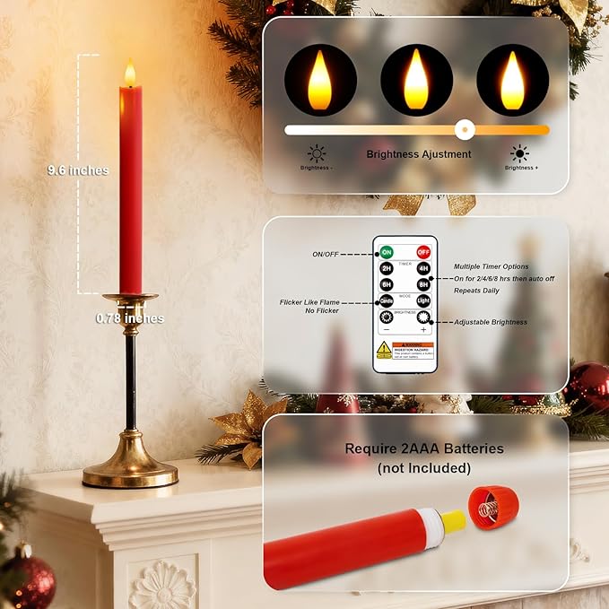 Homemory 6 Pcs Real Wax LED Red Flameless Taper Candles with Remote Timer, 9.6 Inches Fake Candlesticks, Dripless Battery Operated Window Candle with 3D Flickering Flame for Fireplace Xmas Decor