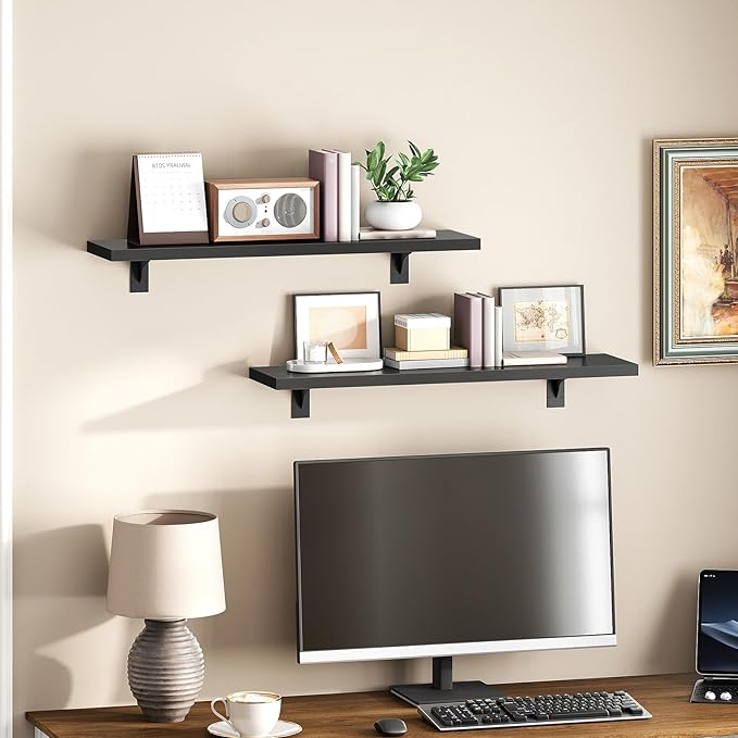 HOOBRO Floating Shelves for Wall, 23.6" Wall Mounted Shelves Set of 2, Hanging Storage Shelf with Metal Brackets, Wooden Shelf for Living Room, Bedroom, Bathroom, Black BK62BJP201G1