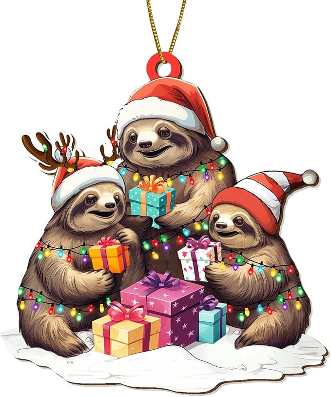 2-Sided Printed Sloth Family Wooden Christmas Ornament, Keepsake for Women, Men & Friends, Cute Sloth Christmas Tree Decoration