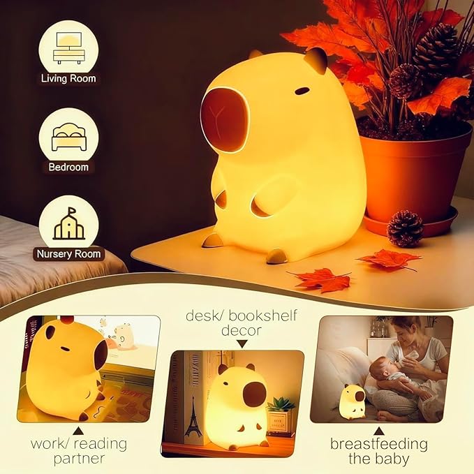Capybara Cute Night Light, Squishy Capybara Lamp Xmas Gifts Toys, Rechargeable LED Dimmable Silicone Nightlight for Kids, Funny Light Up Capibara, Baby Nursery College Dorm Fall Décor