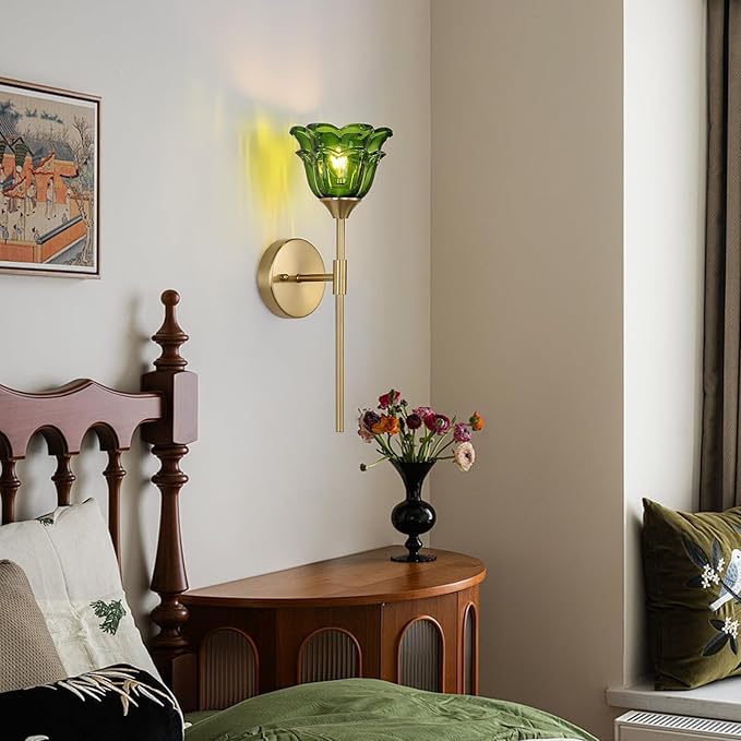 2 Pack Gold Wall Sconce with Green Glass Shades, Modern Mid Century Bathroom Vanity Wall Light Fixtures, Industrial Brushed Brass Wall Lamp, for Bedroom Mirror Living Room, ETL Listed