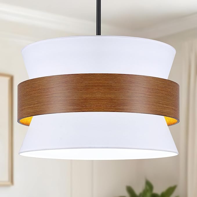 5 Lights White Drum Farmhouse Chandelier for Dining Room,19.68" Modern Large Drum Fabric Light fixture,Adjustable Rustic Metal Imitation Wood Round Pendant Light for Living Room Kitchen Island Bedroom