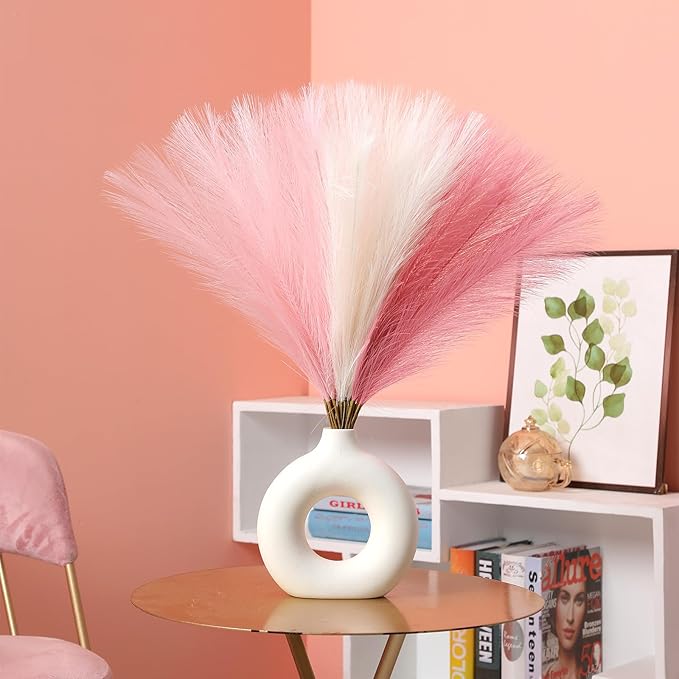Faux Pampas Grass Decor 17.7 Inch 30pcs, Artificial Pampas Grass Fluffy Home Decor, Short Vase Room Decor pompous Grass Flower Arrangement for Boho Home Wedding Decoration (Blush,Cream,Pink)