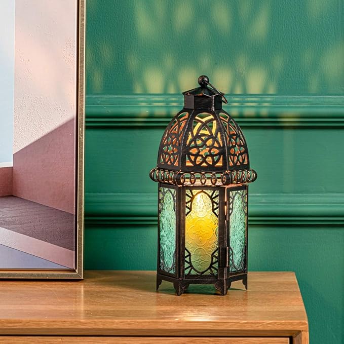 DECORKEY Moroccan Decorations for Home, 12.8’’ Vintage Metal Tabletop Candle Lantern, Spring Style Decorative Hanging Lantern, Christmas Halloween Candle Holders for Indoor Outdoor Patio Decor (Green)