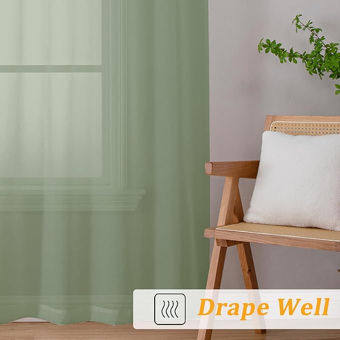 Gwine Sage Green Sheer Curtains 90 Inches Long 2 Panels Set, Light Filtering Filmy Drapes for Living Room Bedroom, Elegant Soft Rod Pocket Voile Sheer Window Curtains, 42Wx90L Inch, 2PCS, Sage Green