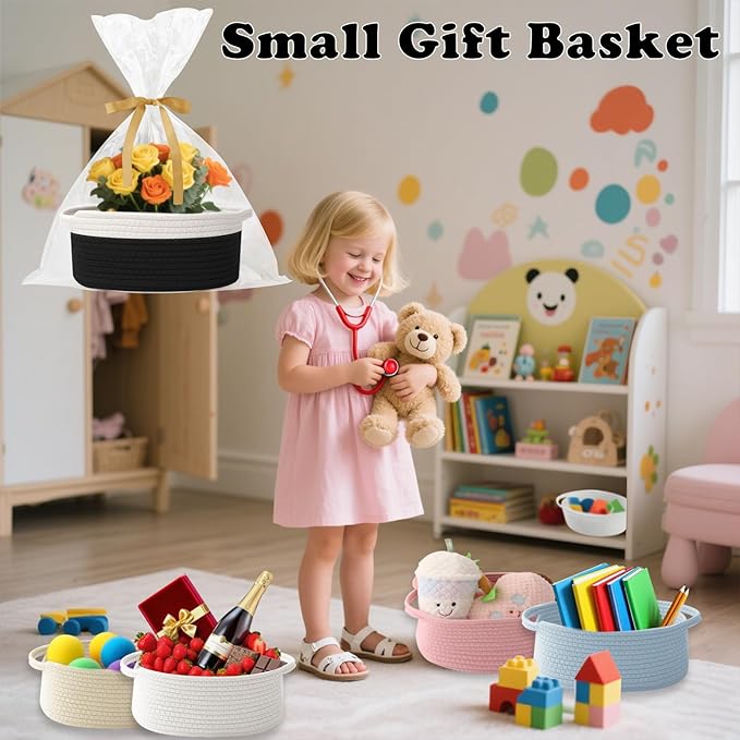 Small Woven Rope Basket-Empty Gifts Basket with Bag and Ribbons,Cute Handle Organizer Box for Birthday/Baby Shower, Toy Storage, Nursery Organizing & Shelf Decor(White&Black)