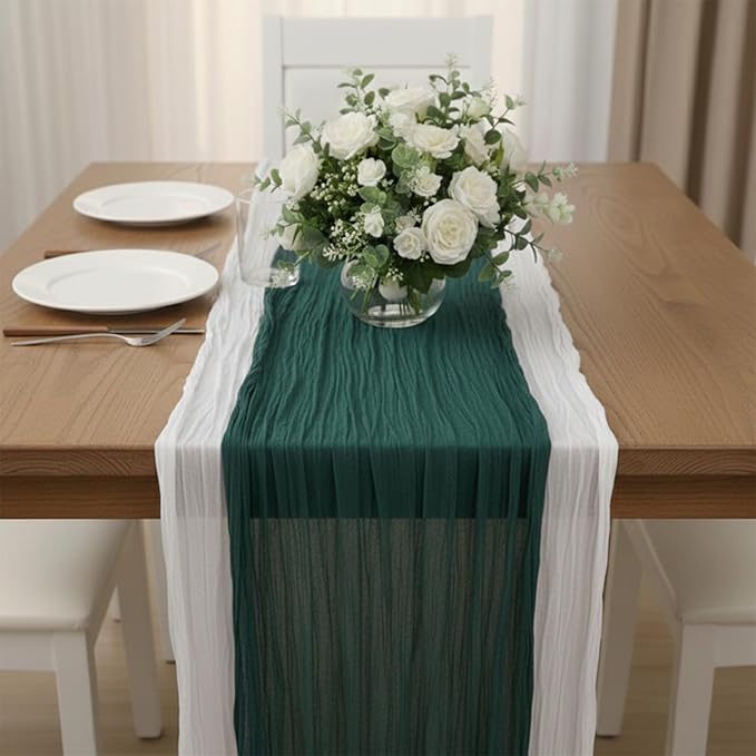 Cheesecloth Table Runner 2 Pack White and Dark Green, Boho Gauze Table Runner 10Ft 120 Inches Long for Wedding Decor, Party & Home Table Decoration
