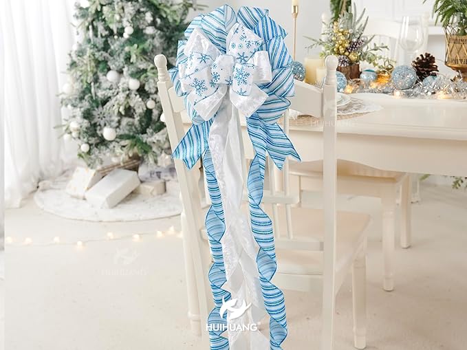 HUIHUANG Blue and White Christmas Tree Topper Bow 13 inch x 45 inch Large Christmas Bows Snowflake Velvet Bows for Christmas Tree Ornament, Wreaths, Staircase, Mantel, Home Decor