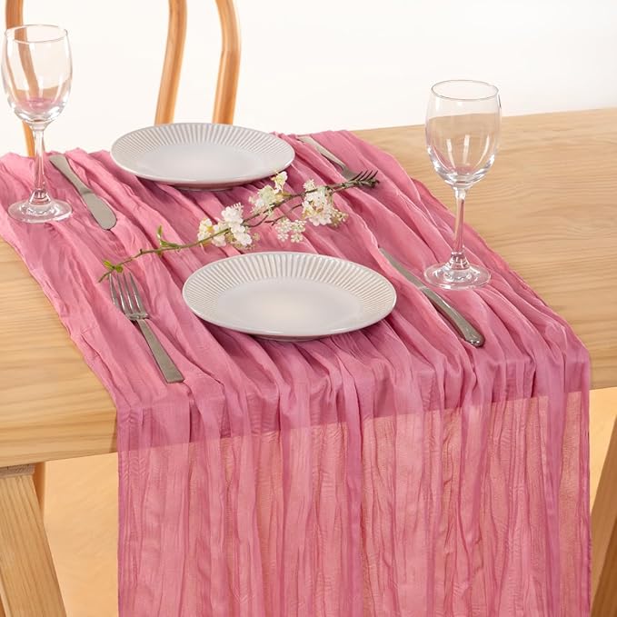 MLMC 3 Pack Mauve Pink Table Runner 10ft Sheer Gauze Spring Cheesecloth Valentines Table Runner Bulk Rustic Cheese Cloth Decor 35x120 Inches for Boho Wedding Bridal Baby Shower Birthday Party Decor