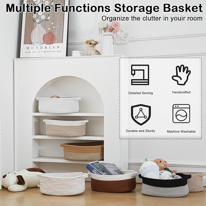 3 Pack Small Woven Rope Basket-Empty Gifts Basket with Bag and Ribbons,Cute Handle Organizer Box for Birthday/Baby Shower, Toy Storage, Nursery Organizing & Shelf Decor(White)