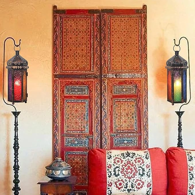 DECORKEY Ramadan Decorations, Candle Lanterns Decorative Indoor & Outdoor, 14.4'' Vintage Moroccan Hanging Lantern with 6 Colors Glass, Metal Candle Holder for Home Front Porch Patio Decor