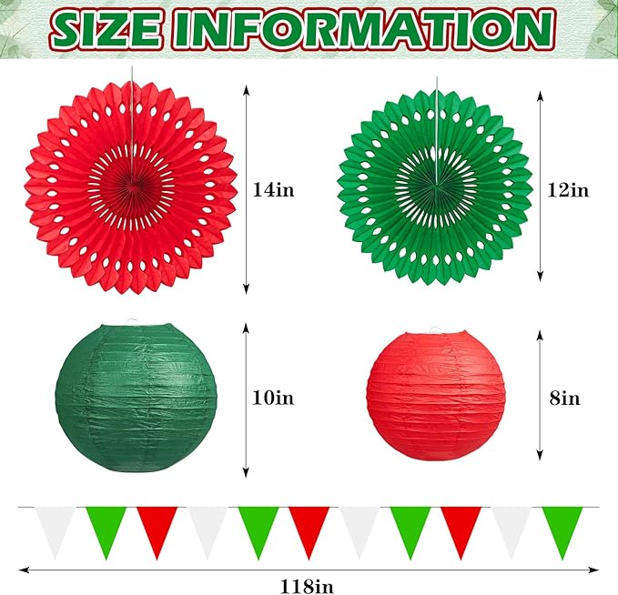 13 Pcs Red White Green Italian Party Decorations Set, Hanging Paper Lanterns & Fans, Mexican Fiesta Decor, Christmas Holiday Supplies, Reusable Eco-Friendly Party Backdrop Kit