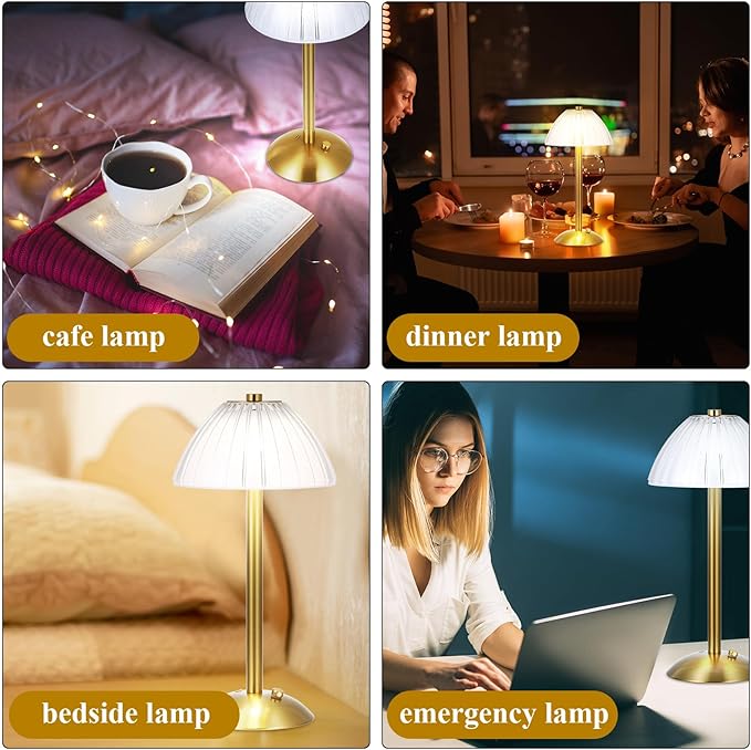 Liliful 8 Pcs LED Portable Cordless Table Lamp Touch Battery Operated Rechargeable Gold Desk Lamp 3 Color Dimmable for Bedroom Living Room Dining (Gold,Mushroom Style)