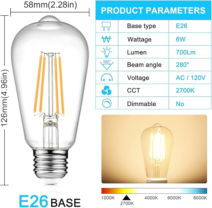 Ascher Vintage LED Edison Bulbs, 6W, Equivalent 60W, Non-Dimmable, Warm White 2700K, ST58 Antique LED Filament Bulbs with 80+ CRI, E26 Medium Base, Clear Glass, Pack of 8