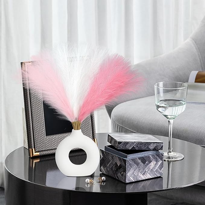 Faux Pampas Grass Decor 17.7 Inch 30pcs, Artificial Pampas Grass Fluffy Home Decor, Short Vase Room Decor pompous Grass Flower Arrangement for Boho Home Wedding Decoration (Blush,Cream,Pink)
