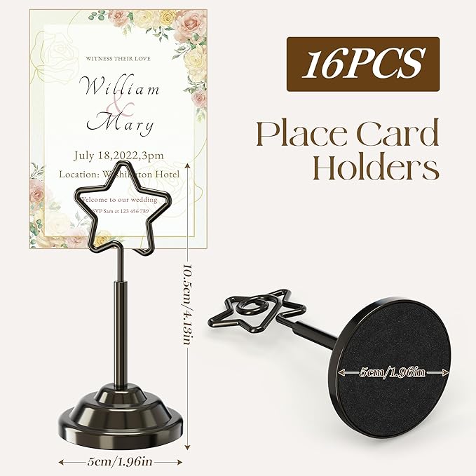 Urban Deco 16 Pieces Table Card Holder Place Card Holders 4 inches Steel Card Holders for Photos, Food Signs, Memo Notes, Weddings, Restaurants, Birthdays (Nickel Black Pentagram)
