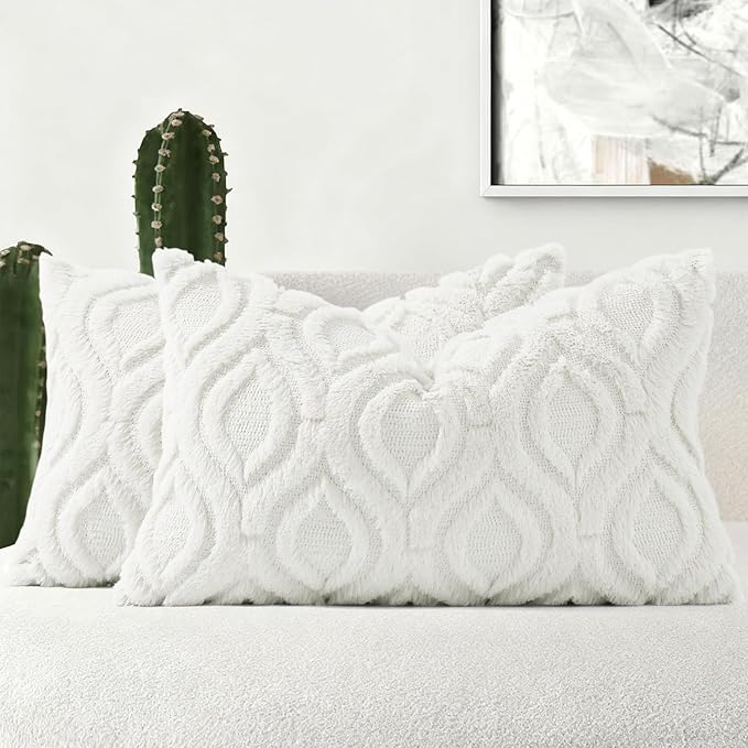 decorUhome Throw Pillow Covers 12x20 Inch Set of 2, Soft Plush Faux Wool Cream Beige Solid Couch Pillow Covers, Accent Farmhouse Neutral Lumbar Pillow Cases for Sofa Bed Living Room