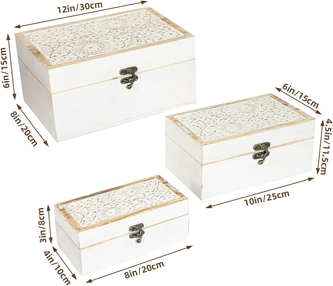 Set of 3 Decorative Wooden Boxes, Rustic Farmhouse Keepsake Box Decorative Boxes with Hinged Lid and Floral Carved Design, Wood Storage Box for Home Decor, White